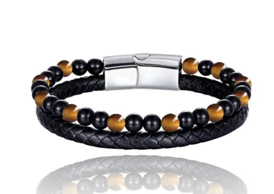 6mm Volcanic Natural Stone Tigereye Beaded Bracelet Men Cowhide String Bracelets Conceitastral