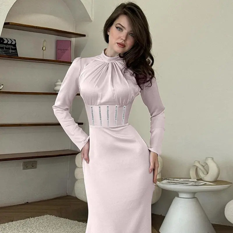 Autumn Fashion Style Half Turtleneck Rhinestone Long Sleeve Dress Conceitastral