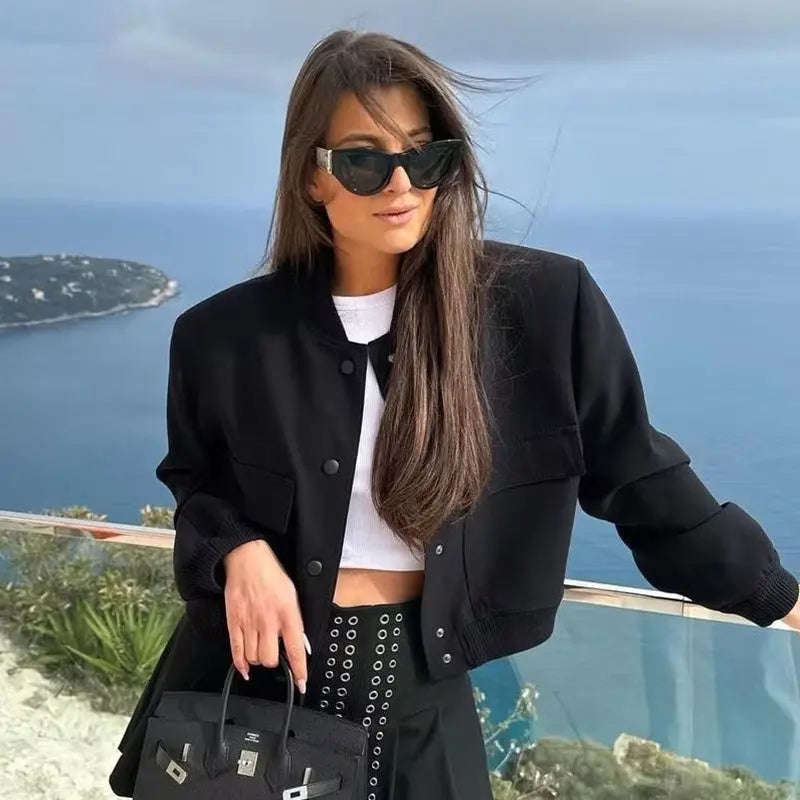 Casual Single-breasted Stand Collar Short Jacket With Pockets Fashion Long Sleeve Outwear Tops Coat For Womens Clothing Conceitastral