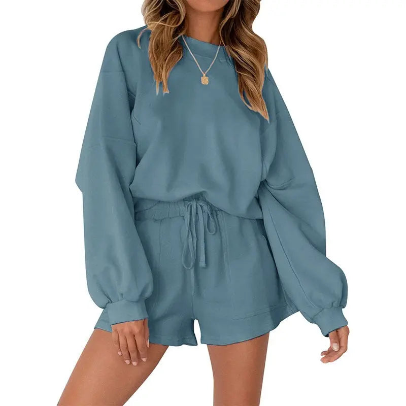 Casual Sports Sweatshirt Suits Loose Pullover Top And Drawstring Shorts Two-piece Set Womens Clothing Conceitastral