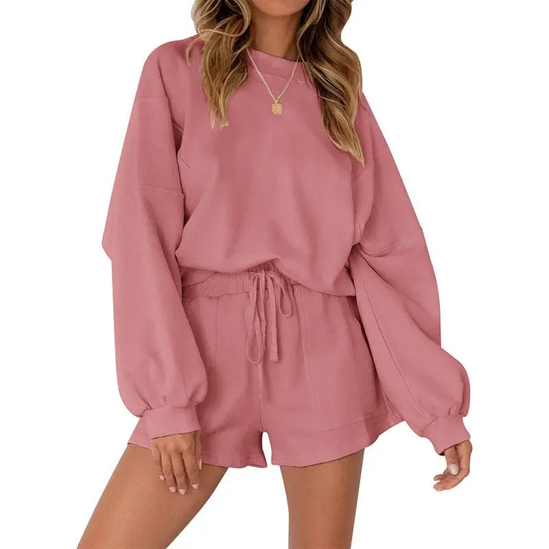 Casual Sports Sweatshirt Suits Loose Pullover Top And Drawstring Shorts Two-piece Set Womens Clothing Conceitastral