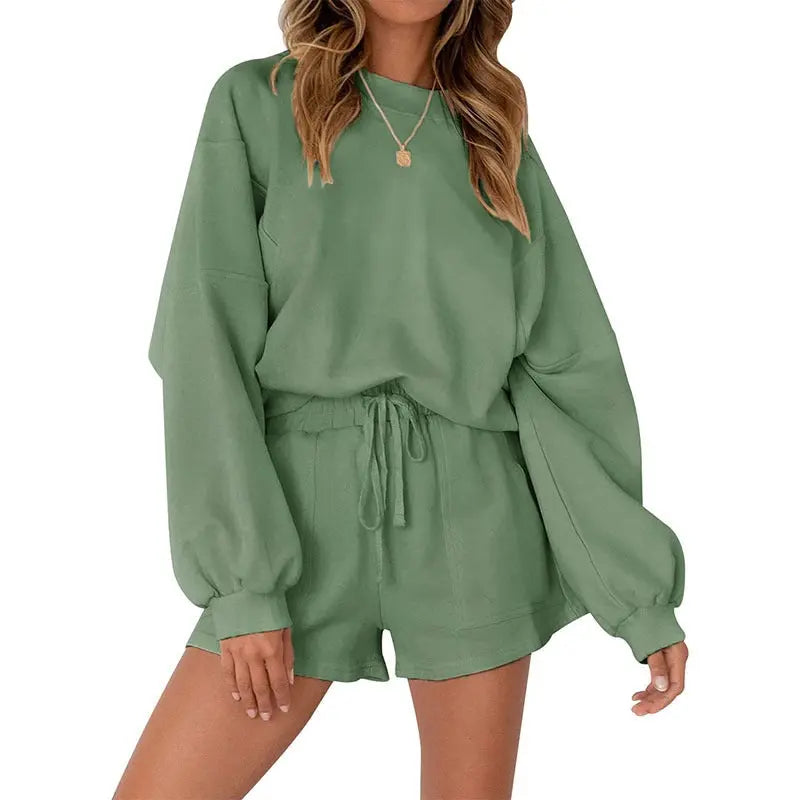 Casual Sports Sweatshirt Suits Loose Pullover Top And Drawstring Shorts Two-piece Set Womens Clothing Conceitastral