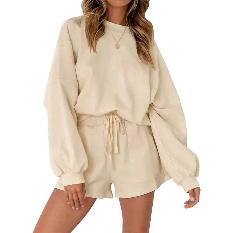 Casual Sports Sweatshirt Suits Loose Pullover Top And Drawstring Shorts Two-piece Set Womens Clothing Conceitastral