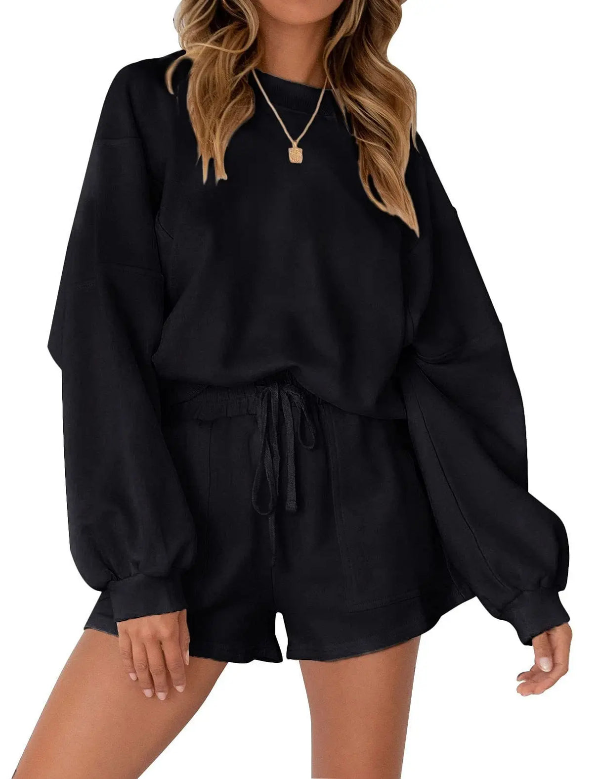 Casual Sports Sweatshirt Suits Loose Pullover Top And Drawstring Shorts Two-piece Set Womens Clothing Conceitastral
