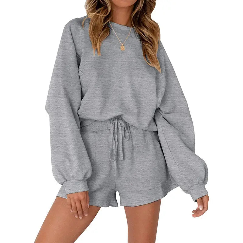 Casual Sports Sweatshirt Suits Loose Pullover Top And Drawstring Shorts Two-piece Set Womens Clothing Conceitastral