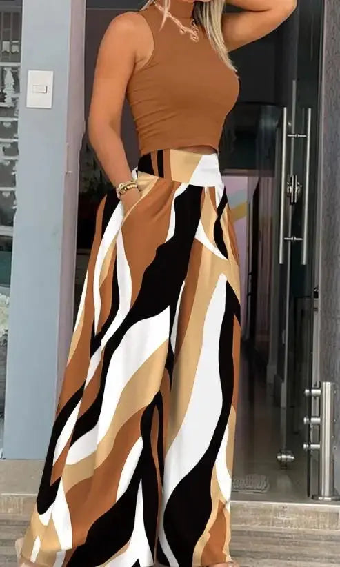 Conjunto Feminino de Duas Peças Verão 2023 – Top Sem Mangas Gola Alta & Calças de Perna Larga com Estampa Abstrata Conceitastral