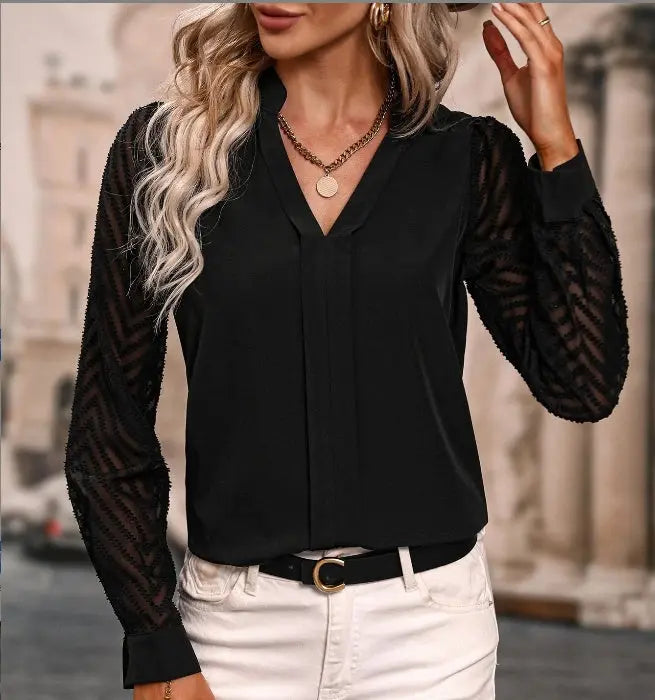 Early Autumn V-neck Lace Stitching Long-sleeved Shirt Conceitastral