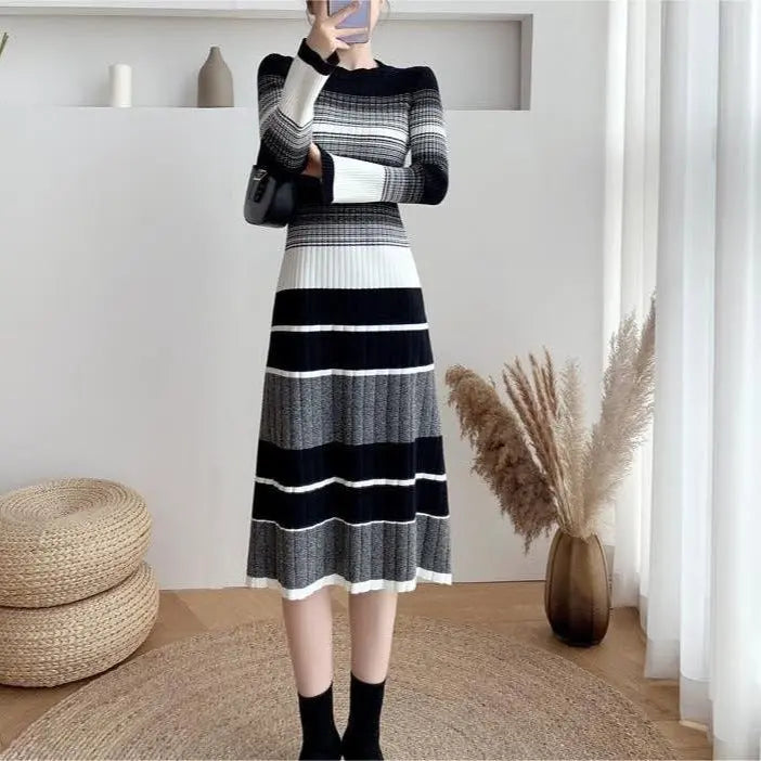 Elegant Striped Knitted Dress Women Conceitastral