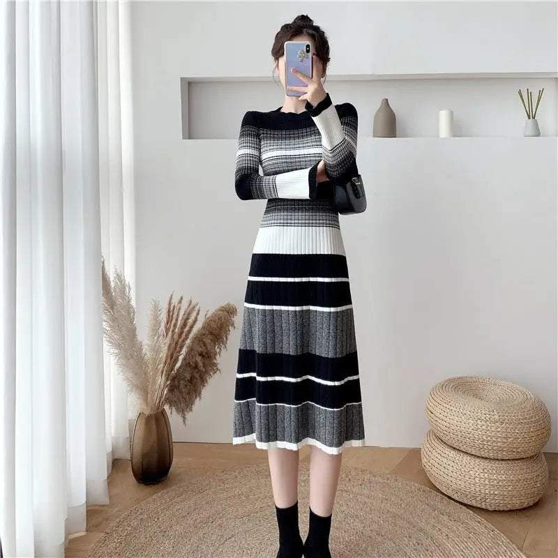 Elegant Striped Knitted Dress Women Conceitastral