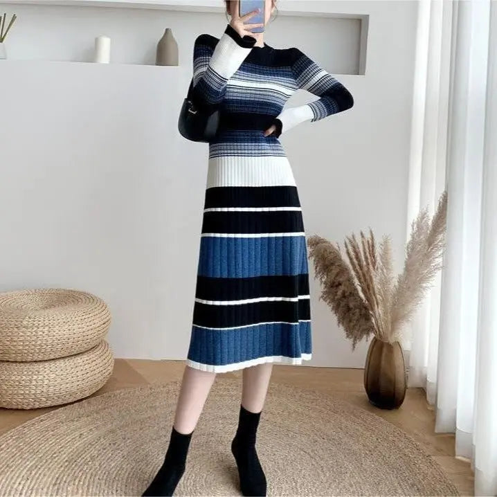 Elegant Striped Knitted Dress Women Conceitastral