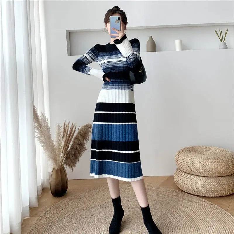 Elegant Striped Knitted Dress Women Conceitastral