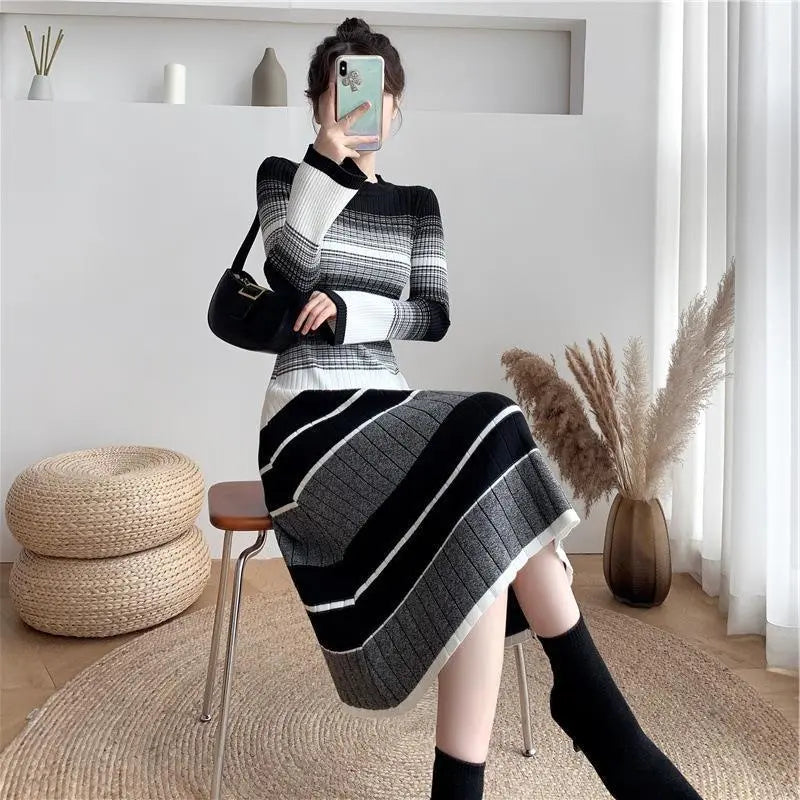 Elegant Striped Knitted Dress Women Conceitastral