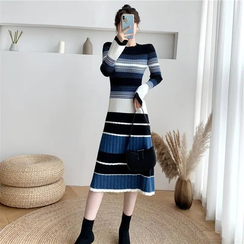 Elegant Striped Knitted Dress Women Conceitastral