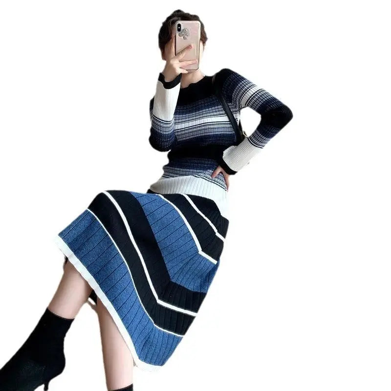 Elegant Striped Knitted Dress Women Conceitastral