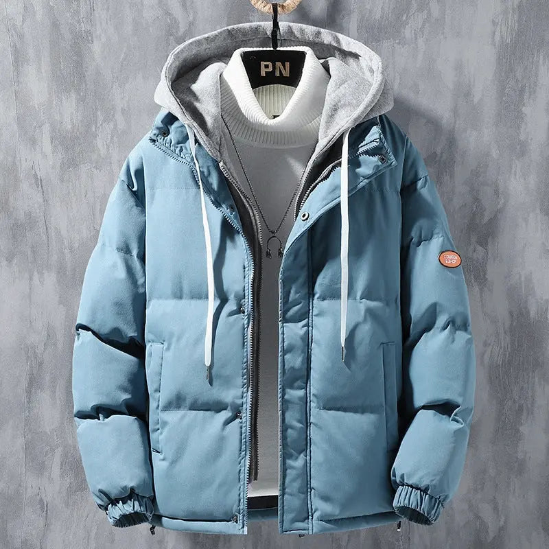 Fashion Hooded Jacket Men Winter Windproof Thickened Fake Two-piece Coat Solid Leisure Sports Cotton Jacket Conceitastral