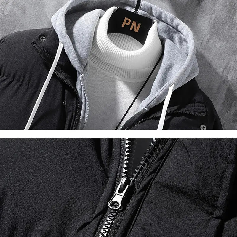 Fashion Hooded Jacket Men Winter Windproof Thickened Fake Two-piece Coat Solid Leisure Sports Cotton Jacket Conceitastral