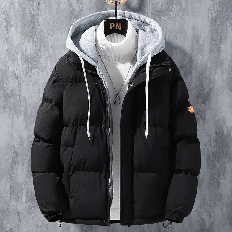 Fashion Hooded Jacket Men Winter Windproof Thickened Fake Two-piece Coat Solid Leisure Sports Cotton Jacket Conceitastral