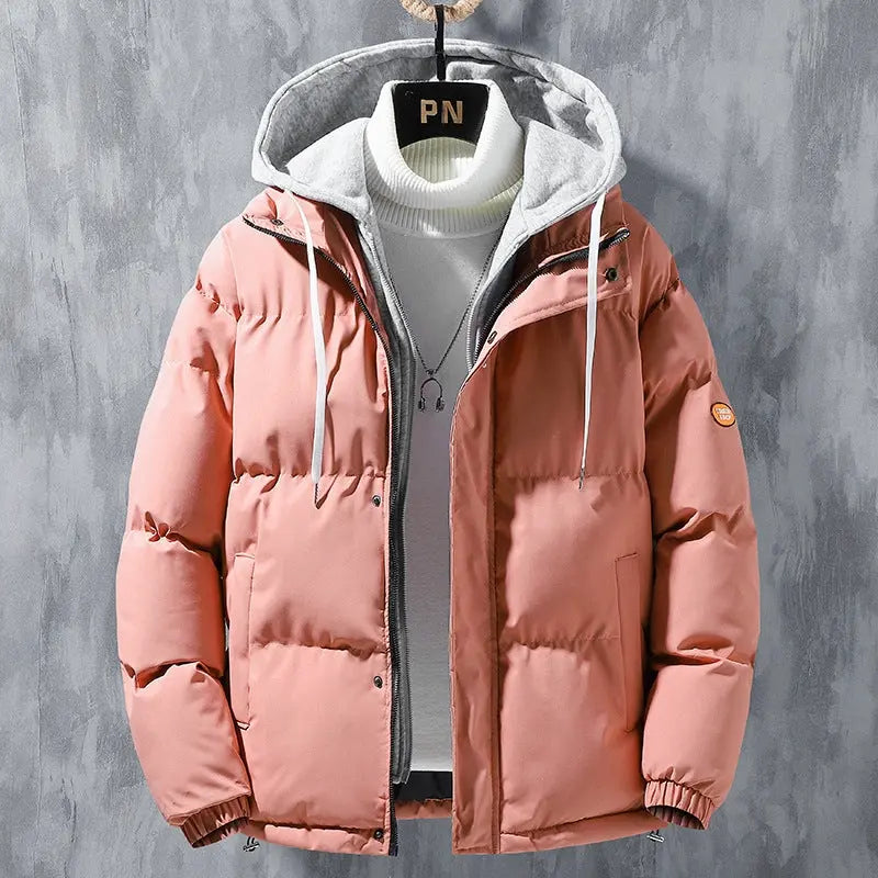 Fashion Hooded Jacket Men Winter Windproof Thickened Fake Two-piece Coat Solid Leisure Sports Cotton Jacket Conceitastral