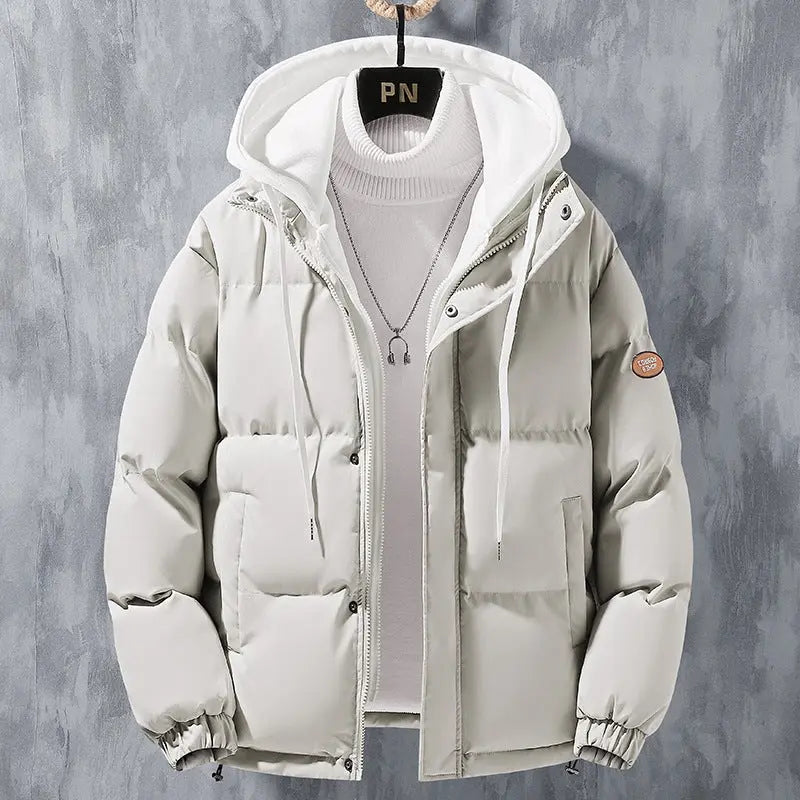 Fashion Hooded Jacket Men Winter Windproof Thickened Fake Two-piece Coat Solid Leisure Sports Cotton Jacket Conceitastral