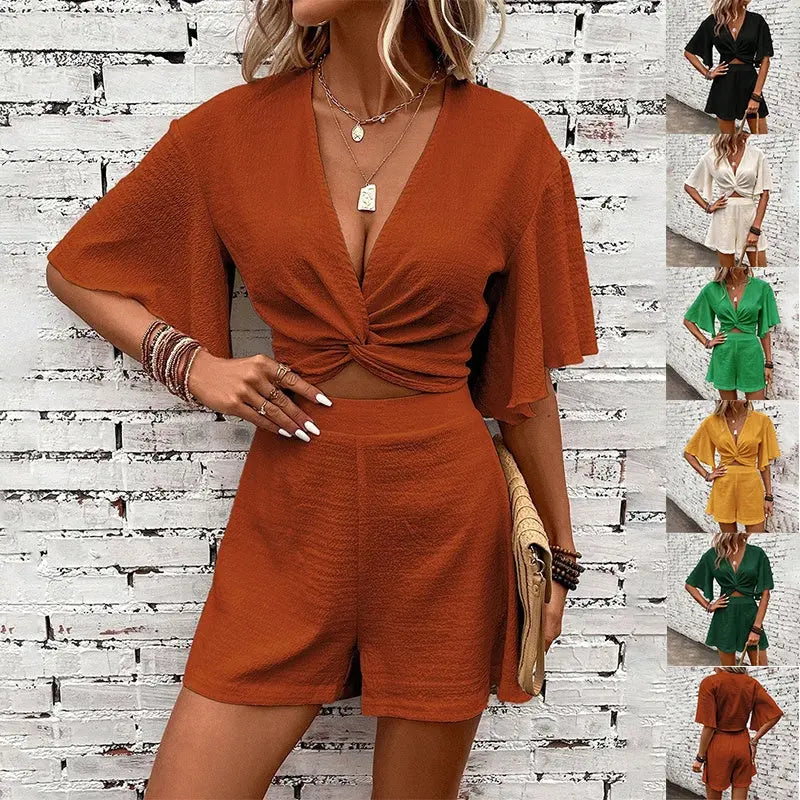 Fashion Loose Suits For Women V-neck Ruffle Sleeve Short-sleeved Top And Shorts Summer Two-piece Set Clothing Conceitastral