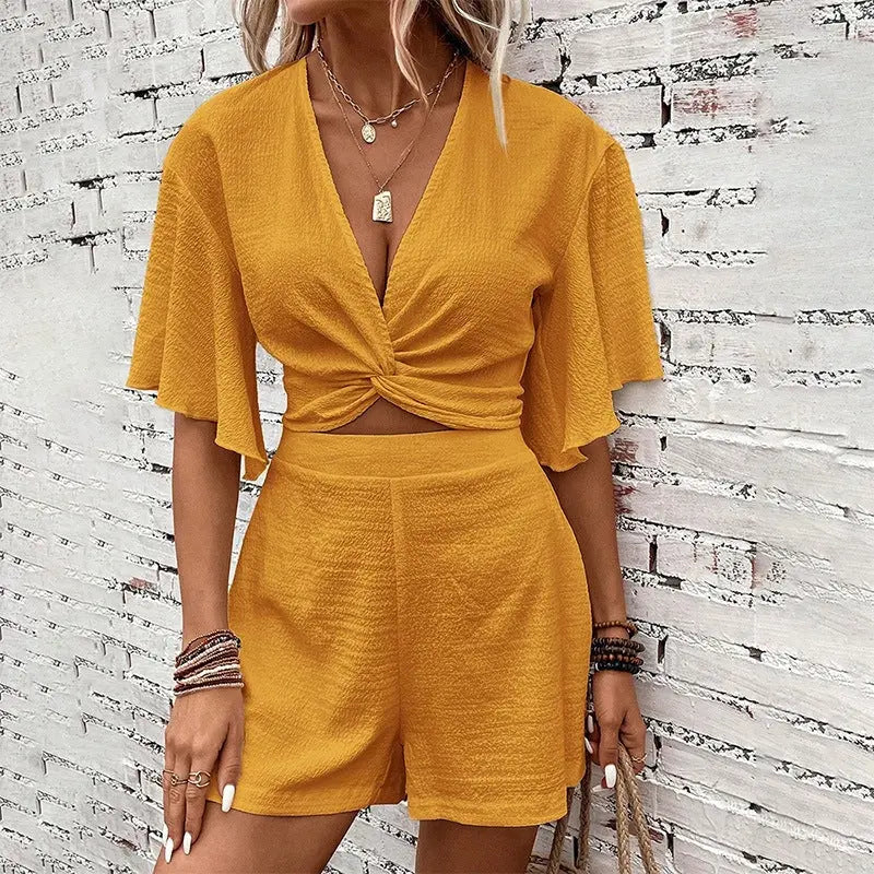 Fashion Loose Suits For Women V-neck Ruffle Sleeve Short-sleeved Top And Shorts Summer Two-piece Set Clothing Conceitastral