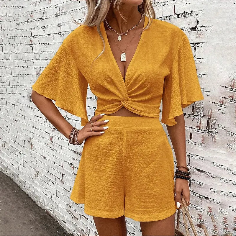 Fashion Loose Suits For Women V-neck Ruffle Sleeve Short-sleeved Top And Shorts Summer Two-piece Set Clothing Conceitastral