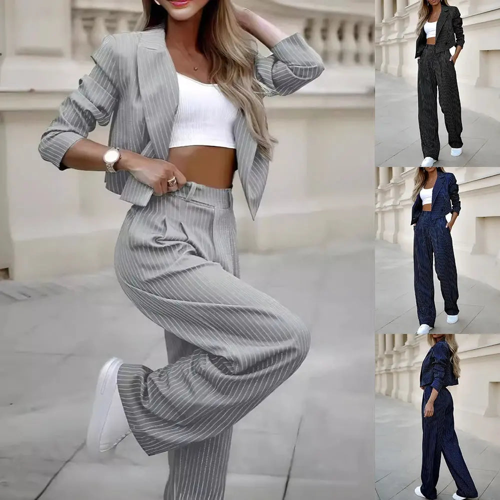 Fashion Striped Suits Casual Lapel Long Sleeve Cropped Top And Straight Pants Outfits Women's Clothing Conceitastral