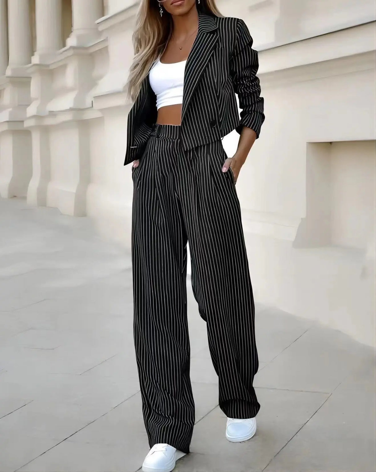 Fashion Striped Suits Casual Lapel Long Sleeve Cropped Top And Straight Pants Outfits Women's Clothing Conceitastral