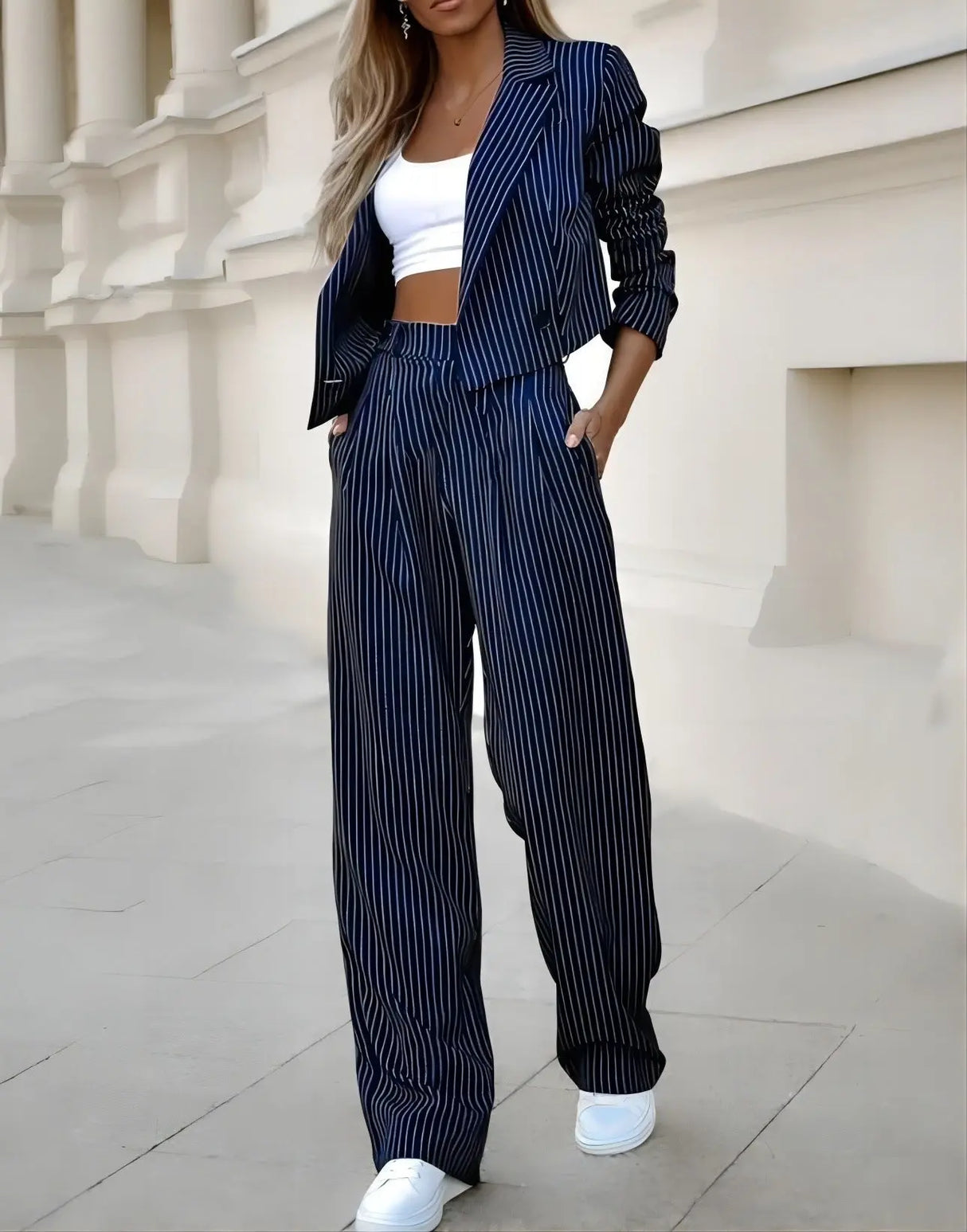 Fashion Striped Suits Casual Lapel Long Sleeve Cropped Top And Straight Pants Outfits Women's Clothing Conceitastral