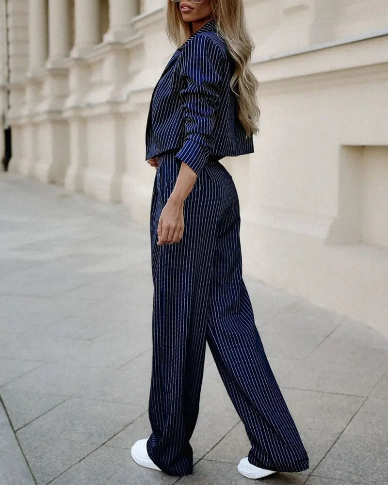 Fashion Striped Suits Casual Lapel Long Sleeve Cropped Top And Straight Pants Outfits Women's Clothing Conceitastral
