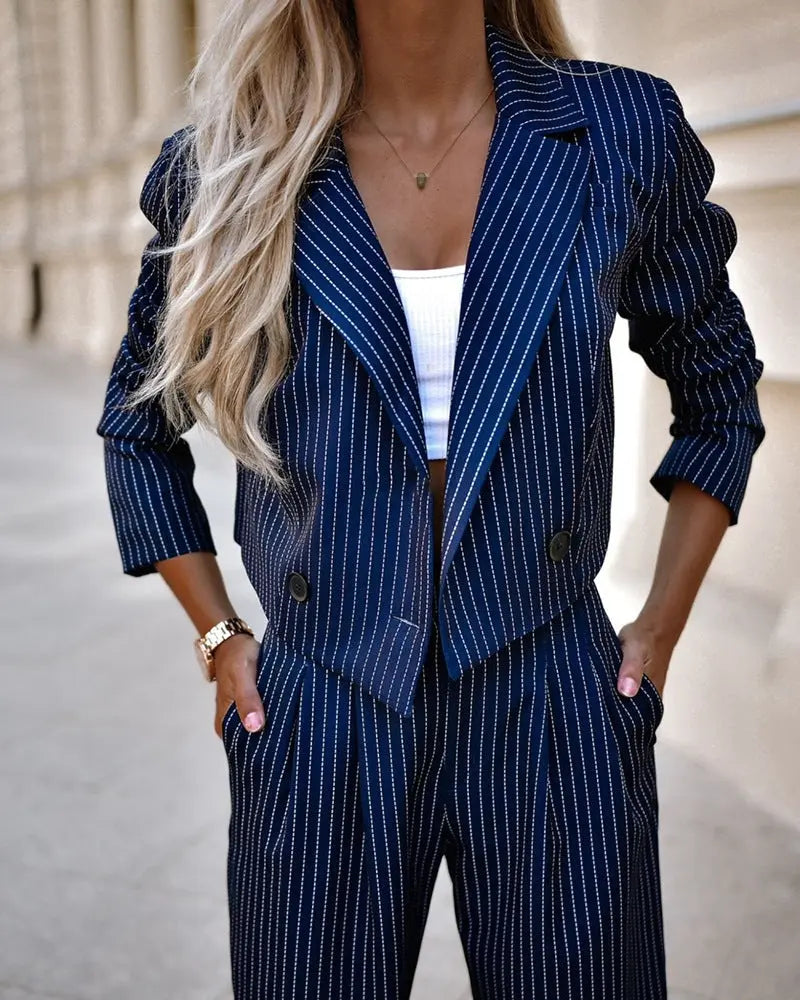 Fashion Striped Suits Casual Lapel Long Sleeve Cropped Top And Straight Pants Outfits Women's Clothing Conceitastral