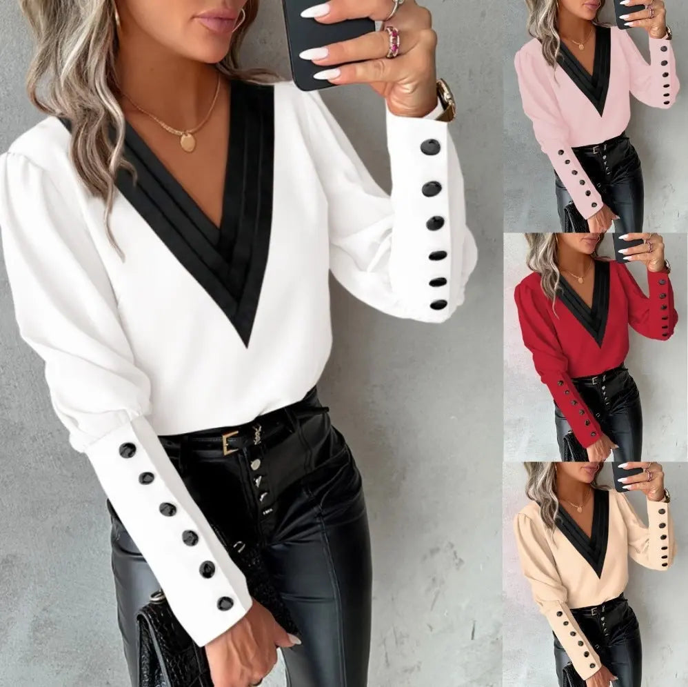 Fashion V-neck Long Sleeve Blouse With Button Design Commuter Leisure Solid Shirt Top Womens Clothing Conceitastral