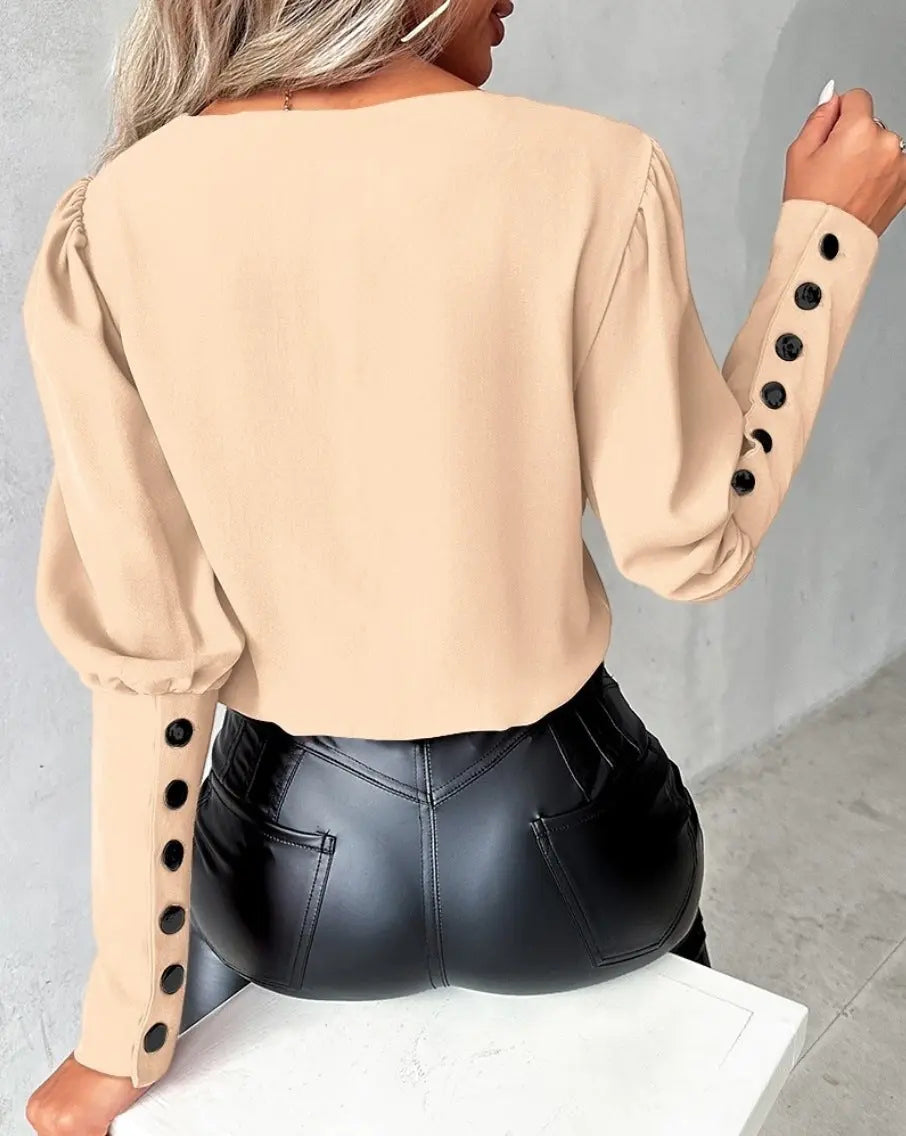 Fashion V-neck Long Sleeve Blouse With Button Design Commuter Leisure Solid Shirt Top Womens Clothing Conceitastral
