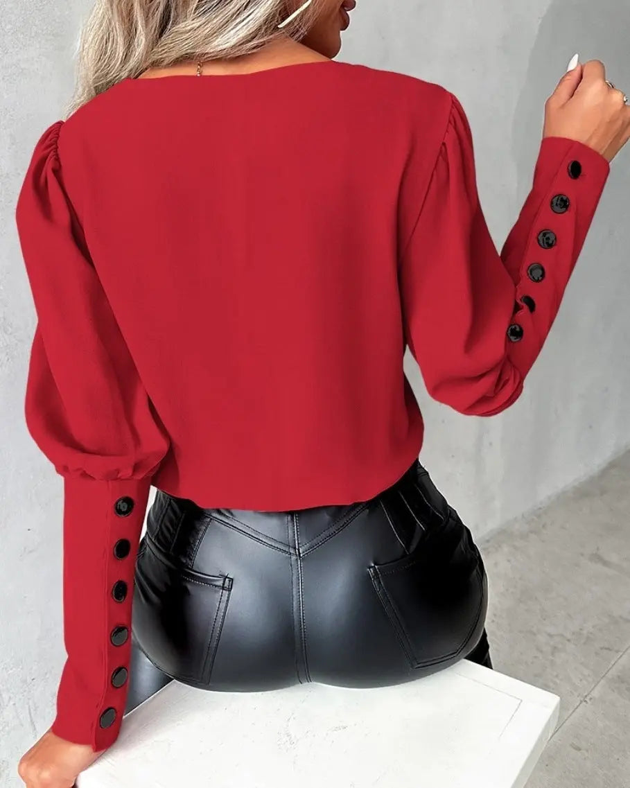 Fashion V-neck Long Sleeve Blouse With Button Design Commuter Leisure Solid Shirt Top Womens Clothing Conceitastral