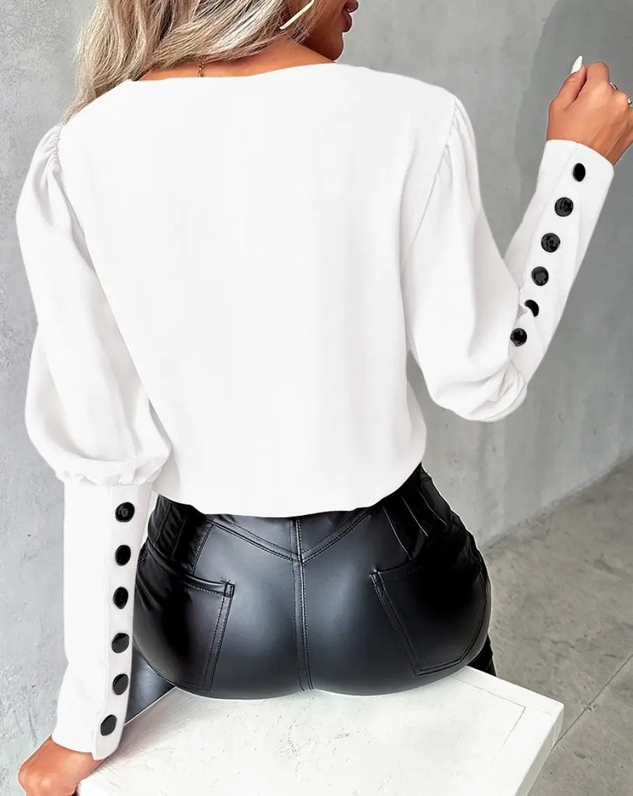 Fashion V-neck Long Sleeve Blouse With Button Design Commuter Leisure Solid Shirt Top Womens Clothing Conceitastral