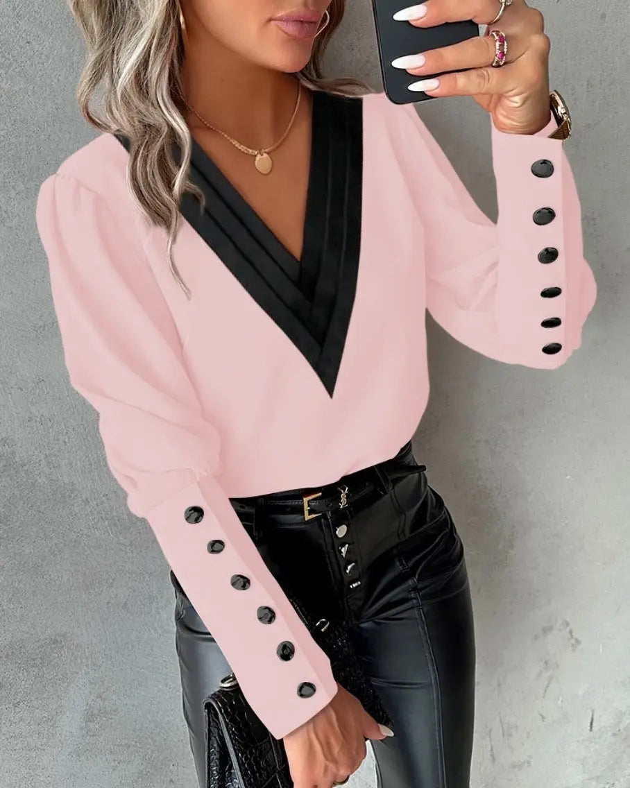 Fashion V-neck Long Sleeve Blouse With Button Design Commuter Leisure Solid Shirt Top Womens Clothing Conceitastral