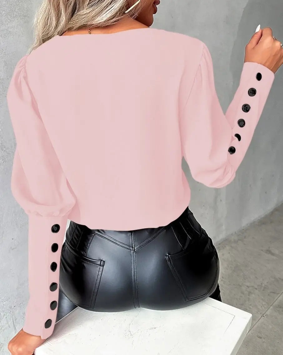 Fashion V-neck Long Sleeve Blouse With Button Design Commuter Leisure Solid Shirt Top Womens Clothing Conceitastral