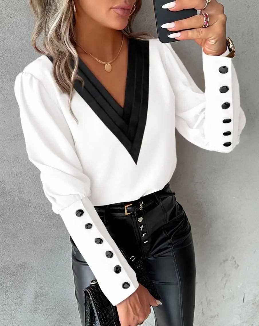 Fashion V-neck Long Sleeve Blouse With Button Design Commuter Leisure Solid Shirt Top Womens Clothing Conceitastral
