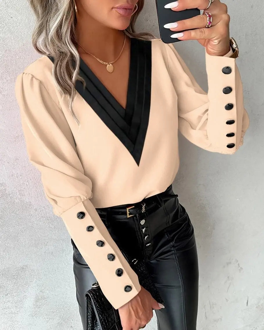Fashion V-neck Long Sleeve Blouse With Button Design Commuter Leisure Solid Shirt Top Womens Clothing Conceitastral