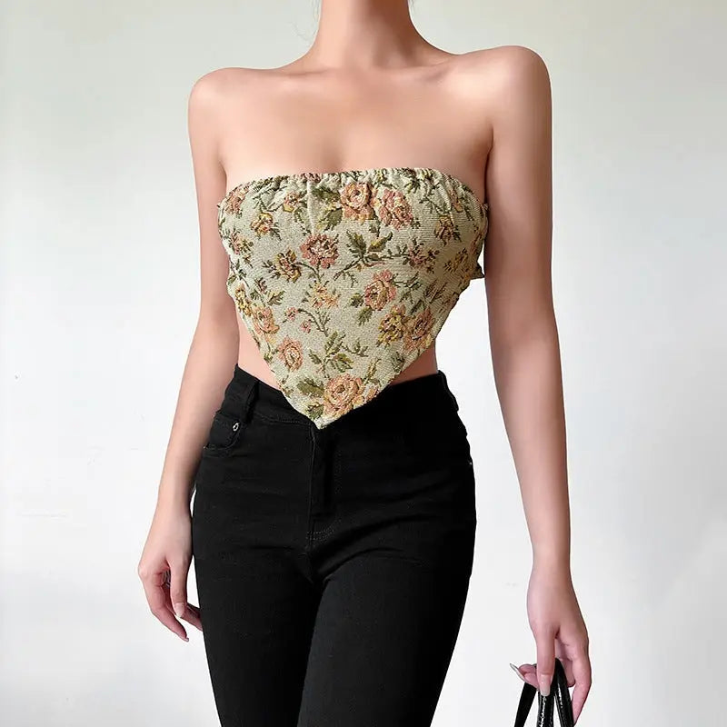 Fashionable Temperament Jacquard Stitching Off-shoulder Backless Short Tube Top Conceitastral