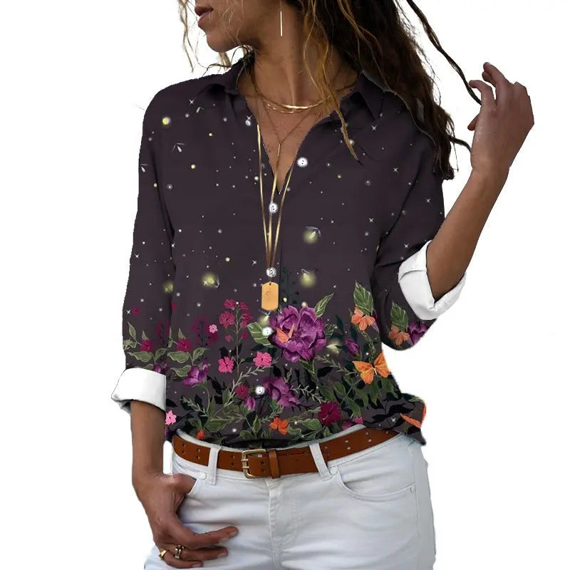 Flower 3D Digital Printing Long Sleeve Lapel Shirt Conceitastral