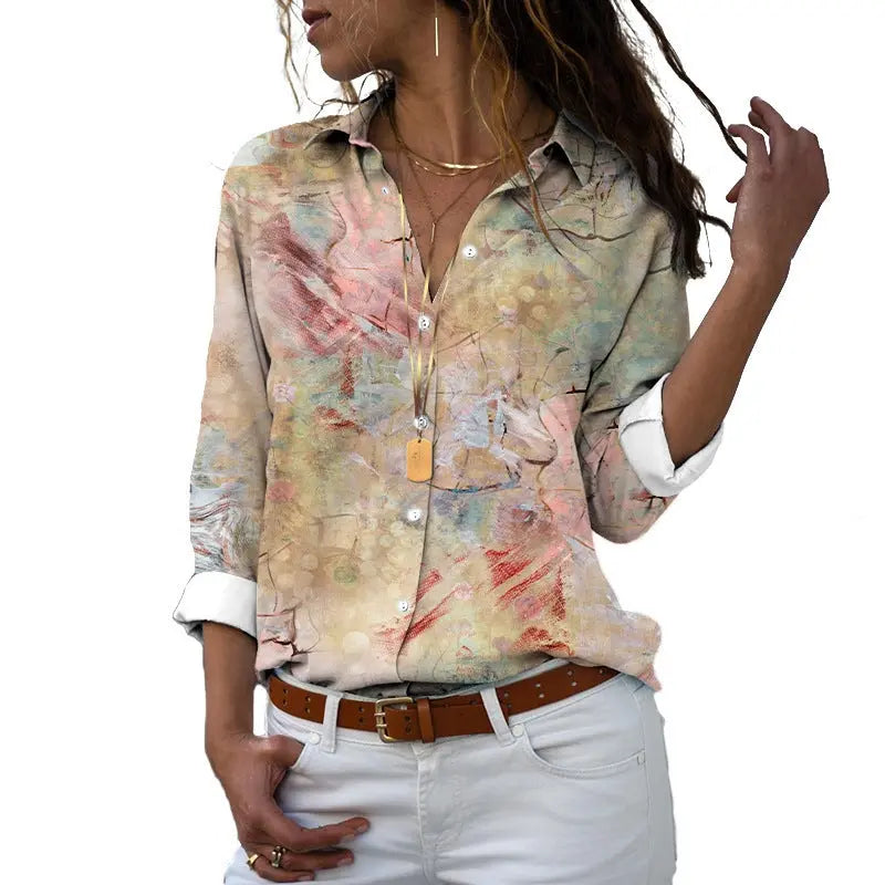 Flower 3D Digital Printing Long Sleeve Lapel Shirt Conceitastral