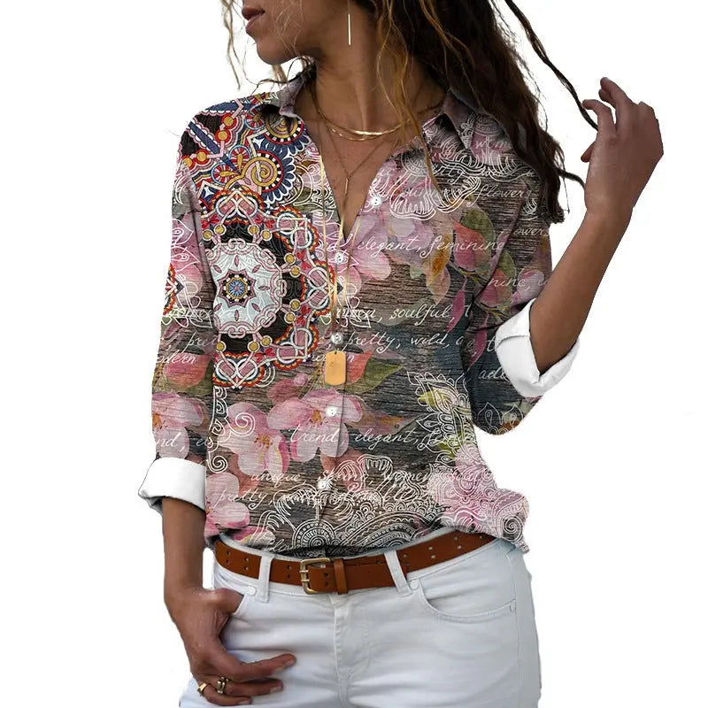 Flower 3D Digital Printing Long Sleeve Lapel Shirt Conceitastral