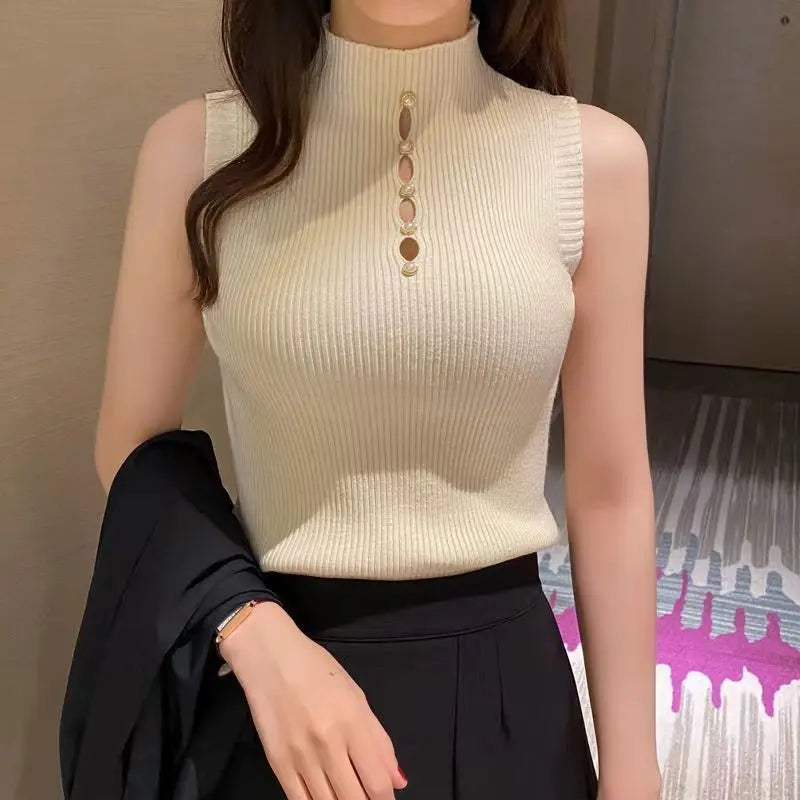 High-necked Decorative Button Sleeveless Knitwear Sexy Hot Girl Suit Base Vest Sweater Women Conceitastral