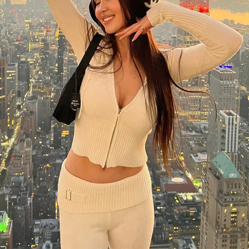 Hoodie Suit Women Leisure Sexy Zip Long Sleeve Sweater And High Waist Long Pants Set Conceitastral