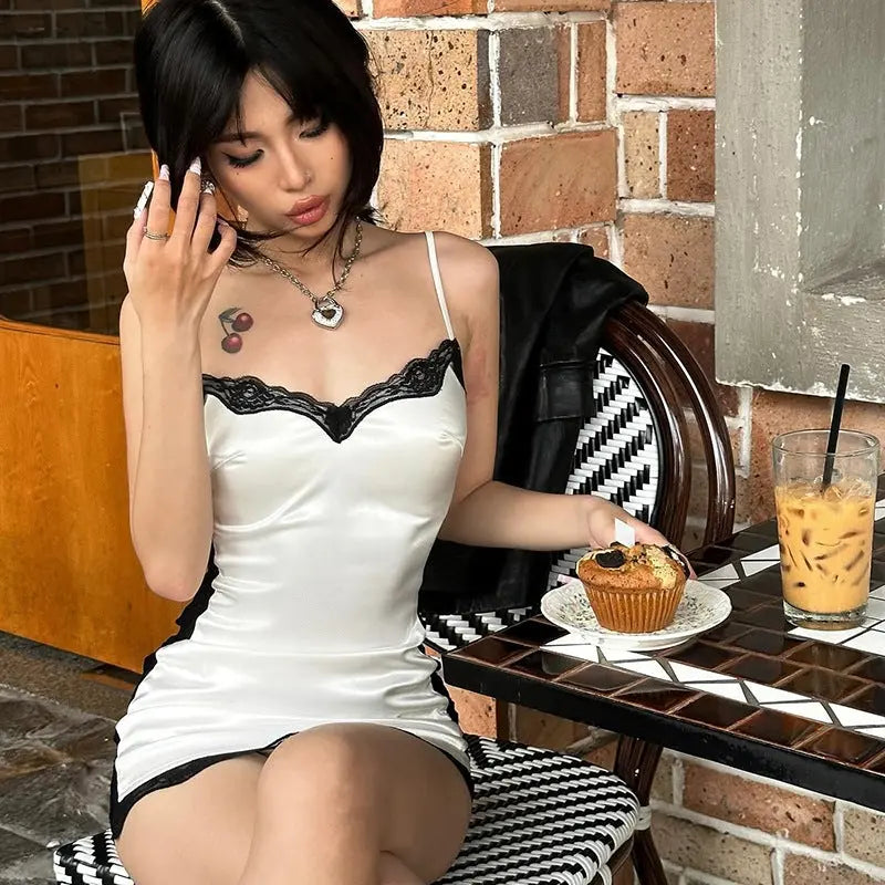 Lace Stitching Satin Dress Women Conceitastral