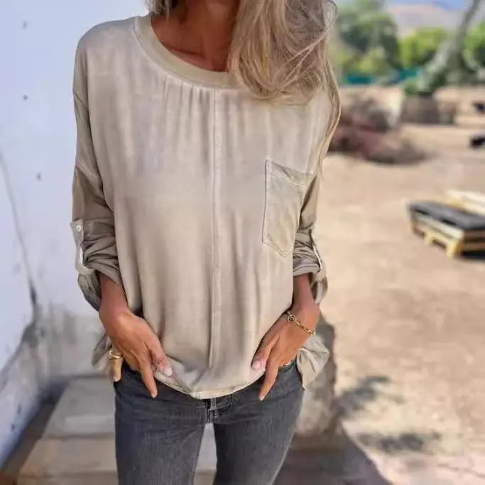 Loose Round Neck Pocket T-shirt Top For Women Conceitastral