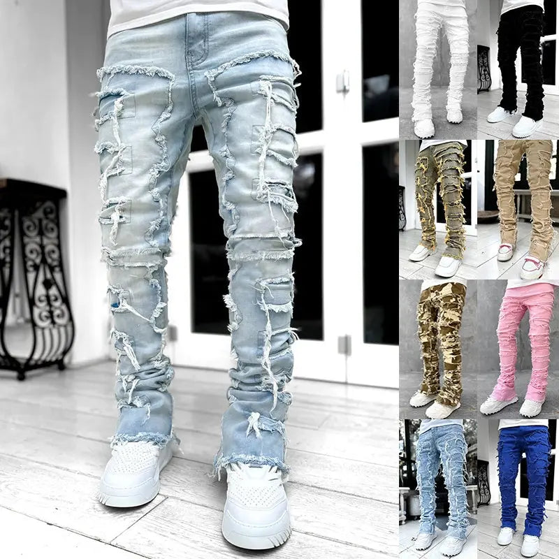 Men Trousers Individual Patched Pants Long Tight Fit Stacked Jeans For Mens Clothing Conceitastral