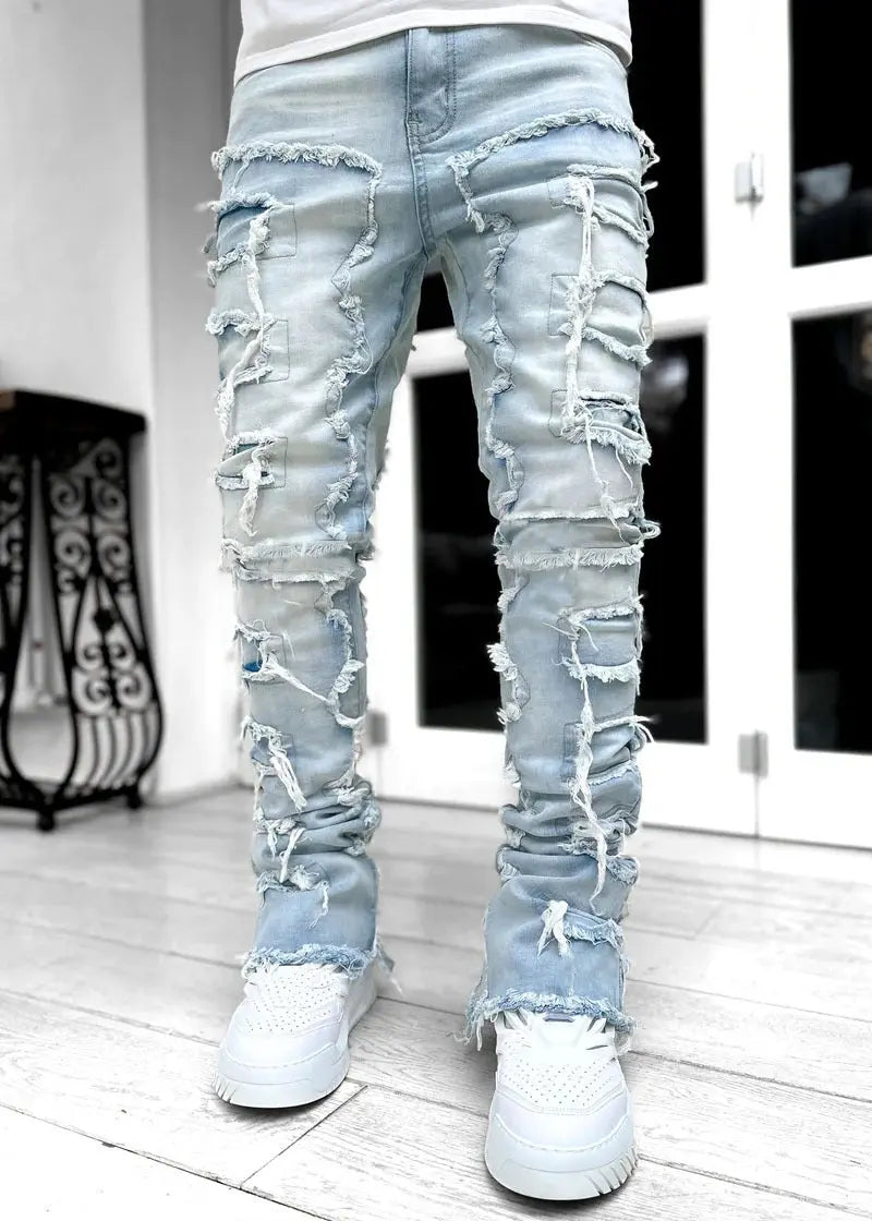 Men Trousers Individual Patched Pants Long Tight Fit Stacked Jeans For Mens Clothing Conceitastral