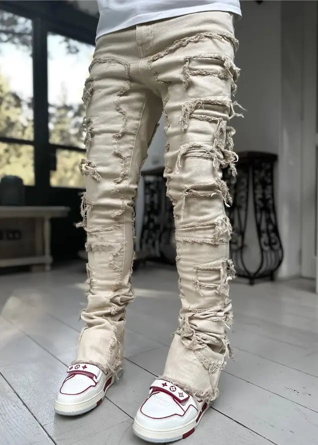 Men Trousers Individual Patched Pants Long Tight Fit Stacked Jeans For Mens Clothing Conceitastral